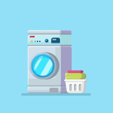 Düz çizim çamaşır makinesi ve çamaşır yığını