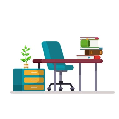 Kitap ve komodinli düz çizim çalışma masası