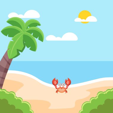 Düz illüstrasyon. Yengeçli yaz plajı seansı.