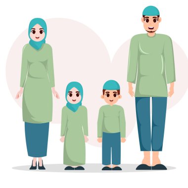 Düz çizim Müslüman aile, anne baba ve iki çocuk.