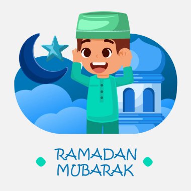 Ramazan Kareem tebrik kartı, cami geçmişi olan Müslüman çocuk Adzan.