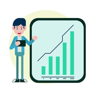 İş adamı büyüme grafiğini gösteriyor. Düz bir şekilde vektör illüstrasyonu.