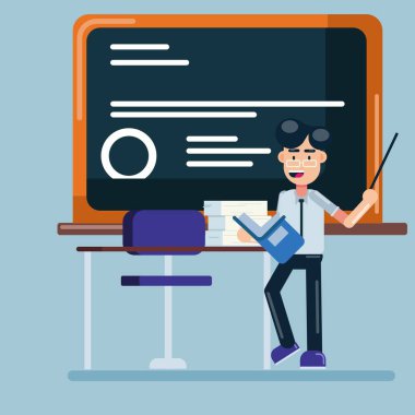 Öğretmen tahtanın önünde. Düz biçimli vektör illüstrasyonu