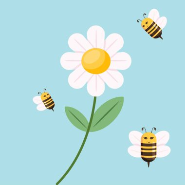 Narin bir bahar çiçeği sapını bal arısıyla sunan neşeli minimalist düz vektör çizimi