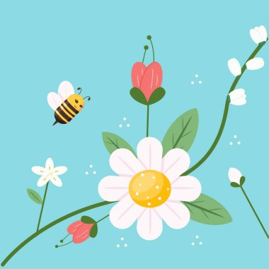 Güzel bir düz vektör çizimi bir bahar çiçeğini bal arısının nektar toplamasıyla resmediyor.