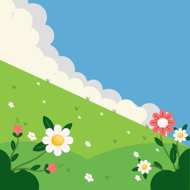 Güzel bir düz vektör illüstrasyonunda çeşitli canlı bahar çiçekleriyle süslenmiş manzaralı yeşil bir çim tarlası sergileniyor.