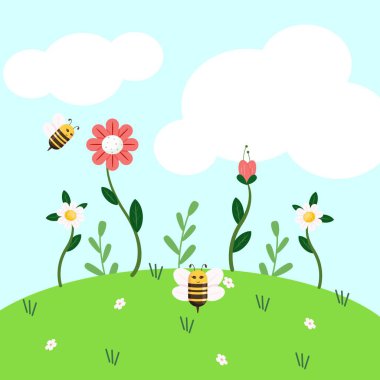 Güzel bir düz vektör çizimi, iki bal arısı tarafından ziyaret edilen ve güzel bahar çiçekleriyle süslenmiş ılık ve gölgeli bir bahar çayırını tasvir eder.