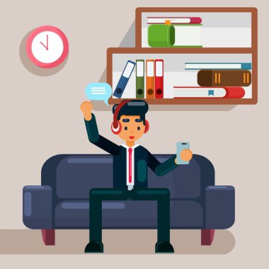 İşadamı hala müşterisiyle görüşüyor, evden çalışıyor, her yerden çalışıyor.