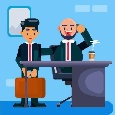 Big bos yeni çalışanı tanıtır, yeni çalışanla röportaj yapar.