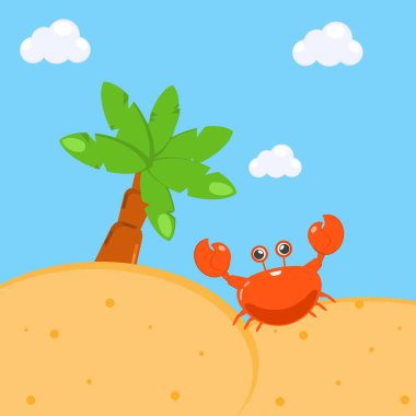 Palmiye ağacı ve kumla neşeli tropikal plaj sahnesi. Bir turuncu yengeç güneşli gökyüzünün altında gülümsüyor. Yaz seyahati, tatil ve doğa yaşam tarzı kavramları için düz çizimler, mutlu bir ruh halini çağrıştırıyor..