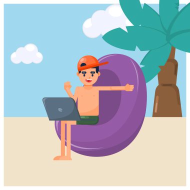 Plajda dizüstü bilgisayarıyla çalışan düz çizim dijital göçebe, teslim tarihi olan serbest çalışan, her yerde çalışan