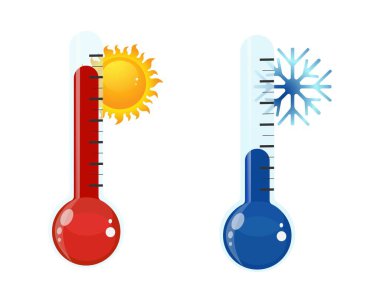 Sıcak ve Soğuk Termometre Vektör İllüstrasyonu. Sıcaklık Karşıtlığı: Sıcak ve Soğuk Termometreler