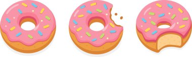 Üç pembe jöleli donut seti, beyaz arkaplanda yarı düz vektör çizimi.