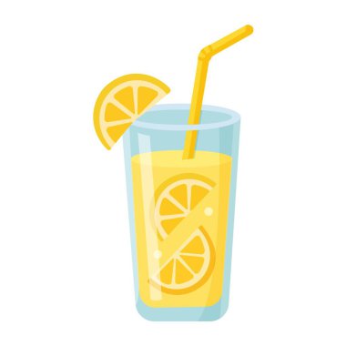 Beyaz arka planda izole edilmiş, saman ve limon dilimli bir bardak taze limonatanın düz vektör çizimi