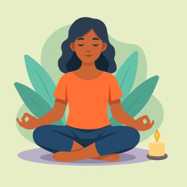 Genç Kadın Lotus Poz Vektörü Düz Çizimde Meditasyon Yapıyor