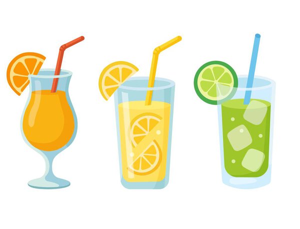 Set of Citrus Drinks  Orange, Lemon, Lime  Vector Flat Design