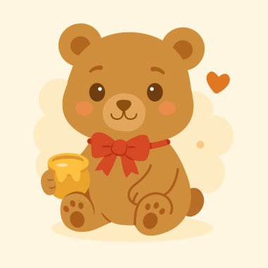 Kırmızı Fiyonklu Sevimli Çizgi Film Ayısı ve Ballı Kavanoz Vektörü İllüstrasyonu