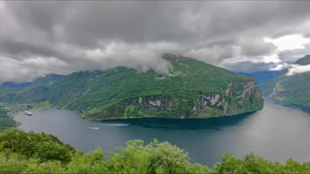 Timelapse Ταινία Από Dalsnibba Άποψη Προς Geiranger Fjord Στη Νορβηγία — Αρχείο Βίντεο