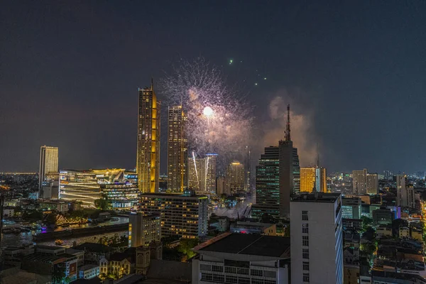 Letecký Pohled Ohňostroj Nad Řekou Chao Phraya Bangkoku Noci — Stock fotografie