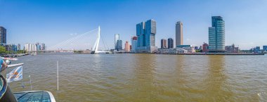 Yaz mevsiminde Maas Nehri 'nin üzerinden Erasmus Köprüsü ile Rotterdam' ın şehir merkezine bakın.