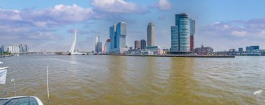 Yaz mevsiminde Maas Nehri 'nin üzerinden Erasmus Köprüsü ile Rotterdam' ın şehir merkezine bakın.
