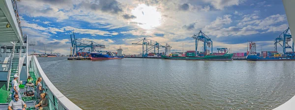 Imagem Panorâmica Porto Roterdão Com Navios Transporte Durante Dia — Fotografia de Stock