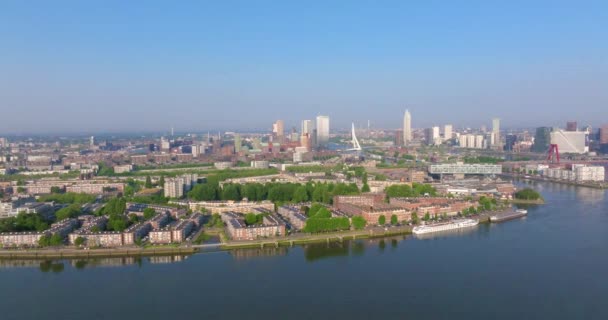 Drone Vídeo Sobre Mosa Rotterdam Centro Ciudad Con Puente Erasmus — Vídeo de stock