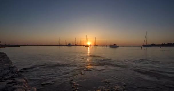クロアチアの港湾を巡る日没のタイムラプスビデオ ノヴィグラード 夏の現在に漂流するボート — ストック動画