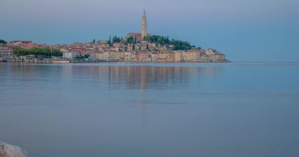 Drone Video Historic Croatian Coastal Town Rovinj Sunrise Summer — стокове відео