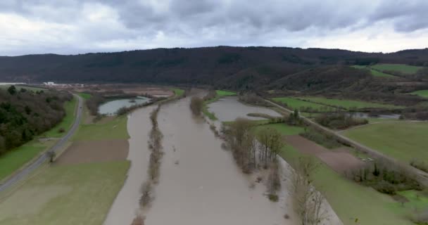 德国河流干线在洪水中被洪水淹没 堤岸上的树木泛滥成灾 — 图库视频影像