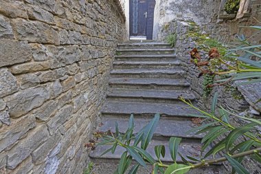 Ortaçağ harabesindeki eski, fazla gelişmiş, harici bir merdiven görüntüsü.