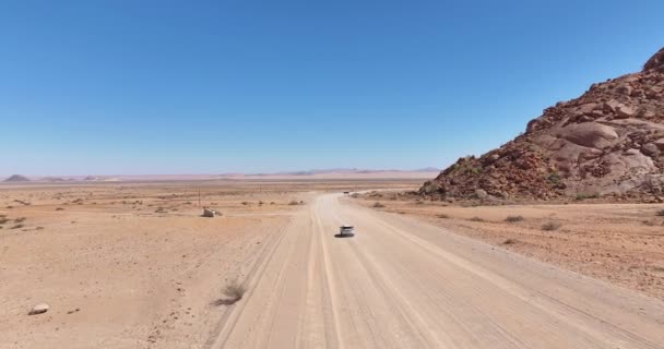 Drone Video Moving Vehicle Lonely Gravel Road Desert Edge Namib — Stock Video