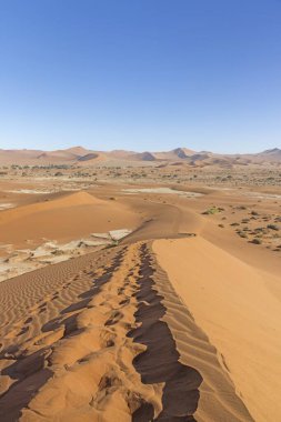 Namib Çölü 'nün Sossusvlei bölgesindeki Poşet Baba Kumulu' nun tepesinden sabah mavi gökyüzüne karşı panoramik bir resim.