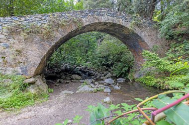 Korsika 'daki tarihi taş köprü Pont du Bucatoghju' nun çevresi yemyeşil ve doğal güzelliklerle çevrilidir.