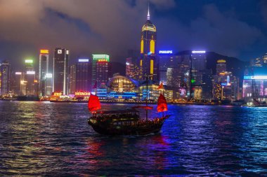 Işıklandırılmış Hong Kong gökyüzünün panoramik gece manzarası yaz aylarında canlı şehir ışıklarıyla suya yansıyor.