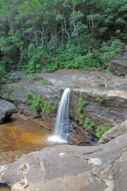 Mavi dağlarda şelale yemyeşil ve kumtaşı kayalıkları açık mavi gökyüzü altında gündüz vakti