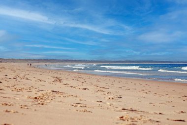 Beyaz kumlu, yemyeşil tepeli, parlak mavi gökyüzünün altında gündüz vakti