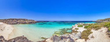 Turkuvaz suları ve Rottnest Adası 'ndaki kayalık kıyı şeridi ile gündüz vakti masmavi gökyüzünün altında