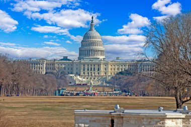 ABD Kongre Binası, Washington DC 'de gündüz vakti açık mavi bir gökyüzünün altında çıplak ağaçlarla çevrili National Mall' dan görüldüğü gibi.