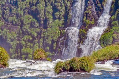 Görkemli Iguacu Şelaleleri, gündüz vakti masmavi bir gökyüzünün altında yemyeşil yeşilliklerle çevrilidir.