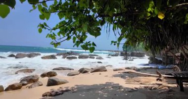 Sessiz Sahil Sri Lanka. Güçlü dalgalar ve açık gökyüzü altında sabah güneşi. Çok az insan görülebilir.