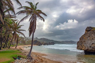 Barbados adasındaki Bathsheba 'da dramatik gökyüzü altında kayalık sahiller ve dalgalar