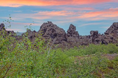 Dimmuborgir İzlanda 'da renkli gökyüzünün altında dramatik lav kayaları ve yeşil çalılar.