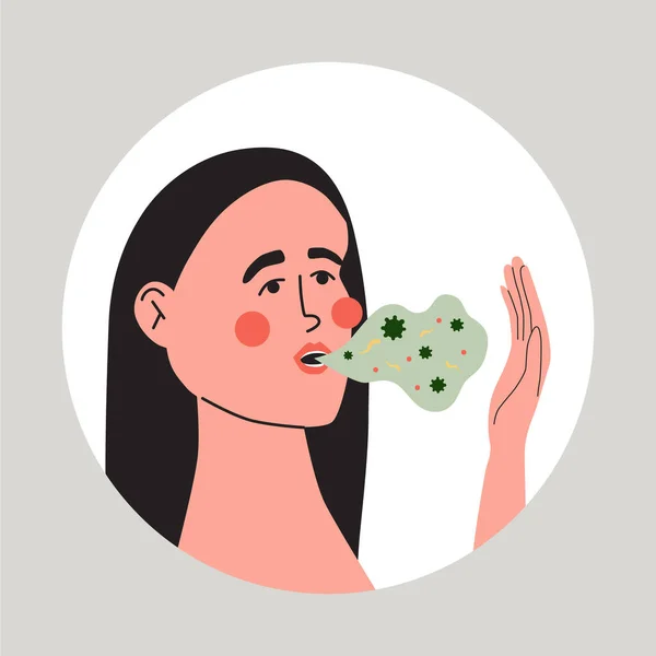 Kobieta Brzydkim Oddechem Problemy Zdrowiem Jamy Ustnej Ilustracja Medyczna Wektora — Wektor stockowy