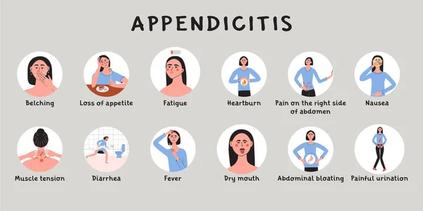 Síntomas Apendicitis Signos Tempranos Mujer Con Enfermedad Del Apéndice Infografico — Vector de stock