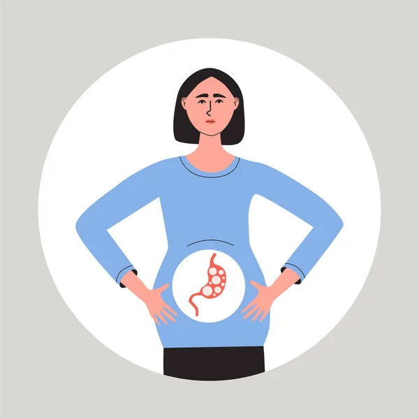 Młoda Kobieta Cierpiąca Wzdęcia Brzucha Kobieta Wzdęciami Koncepcja Choroby Gastroenterologicznej — Wektor stockowy