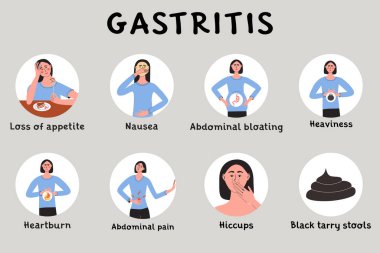 Young woman with gastritis symptoms and early signs. Female with diarrhea, nausea, vomiting. Infografic with patient character. Problem with digestive system Flat vector medical illustration.