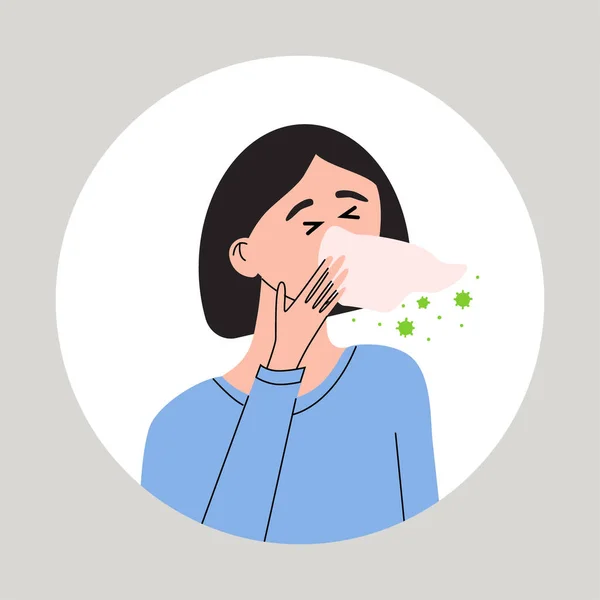 年轻女人打喷嚏 有健康问题的女性 流感或其他疾病的症状 平面病媒医学说明 — 图库矢量图片