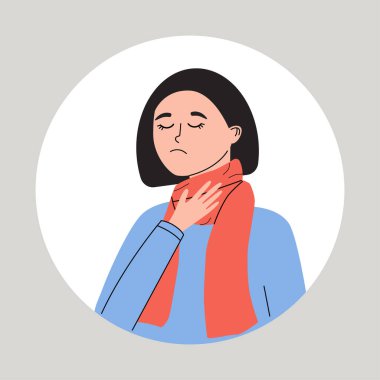 Boğazı ağrıyan genç kadınlar. Faranjit ya da bademcik iltihabı olan bir kadın. Grip belirtileri, soğuk algınlığı, grip ya da başka bir hastalık. Sağlık problemi düz vektör medikal illüstrasyon.