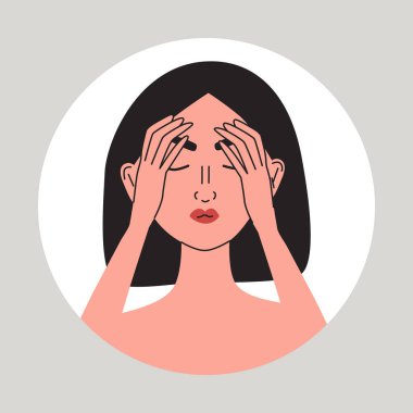 Yüz ağrısı. Migrenden muzdarip genç kadınlar. Sağlık sorunu olan bir kadın. Burun ağrısı ve sinüzit veya başka bir hastalığın acı veren göz semptomları. Düz vektör tıbbi illüstrasyon.